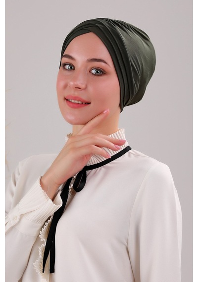 Melodi Scarf Kadın Üç Bantlı Çapraz Hazır Türban Dış Bone Haki Haki