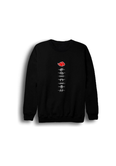 Erkek Siyah Naruto Baskılı Bisiklet Yaka Sweatshirt Siyah