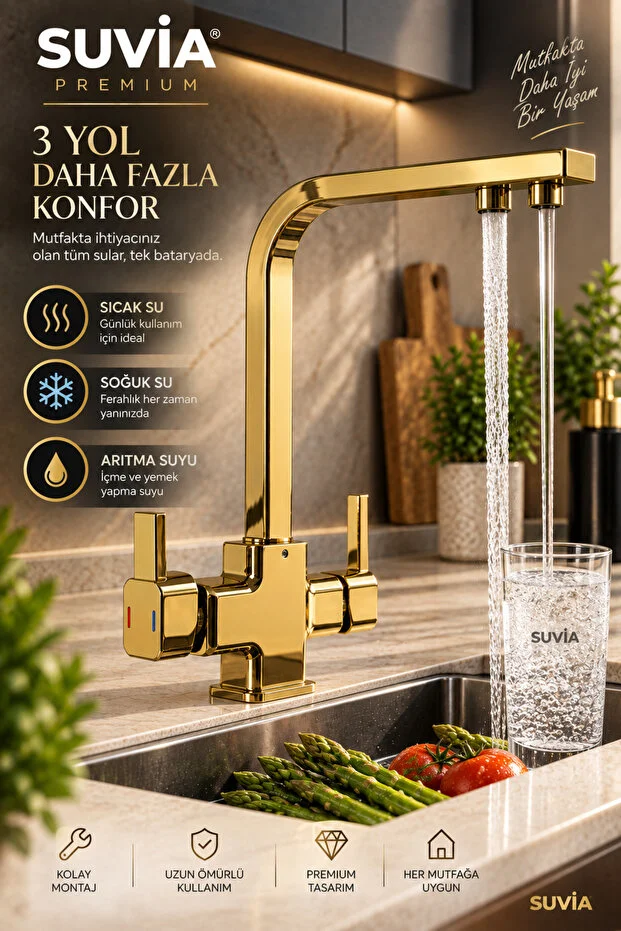Mutfak Bataryası Gold 3 Yollu Arıtma Musluğu Sıcak Soğuk Su Ve Arıtma Suyu Çıkışlı Altın/gold