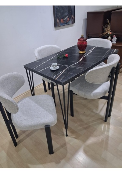 Masa Metal Ayak 90602 Sabit Siyah Mermer Desen 4 Adet Sandalye Metal Ayak Siyah