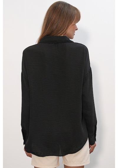Bigdart Kadın Oversize Keten Gömlek 20338 - Siyah
