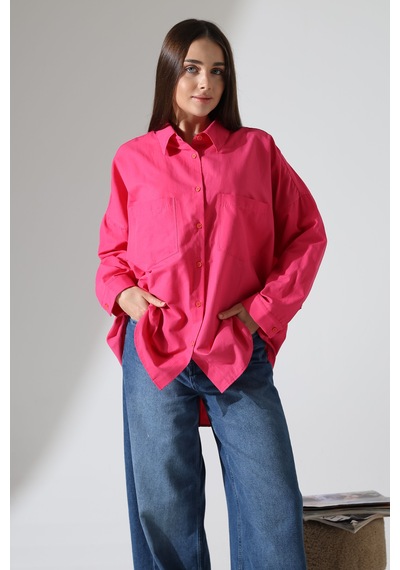 Yeni Sezon Poplin Kumaş Çift Cepli Oversize Pamuklu Kadın Tunik Gömlek Fuşya