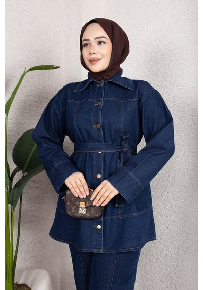 Misskayle Kuşaklı Düğmeli Denim Takım Rahat Kesim İkili Kombin Koyu Mavi Koyu