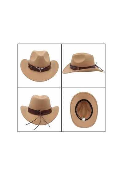 Uniquetrenders Unisex Kovboy Fötr Şapka Kovboy Şapkası Kovboy Şapka Camel