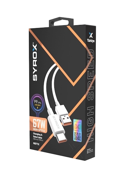 Syrox M67tk 3.0a 67w Turbo 1mt Usb-a - Type-c Şarj & Data Kablosu - Beyaz