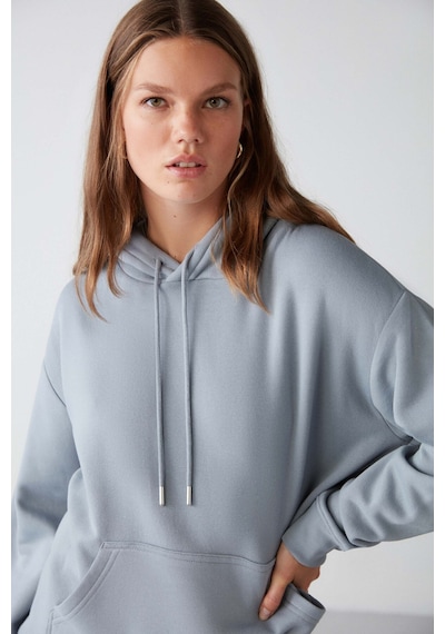 Grımelange Adel  Kadın Organik Pamuklu Içi Polarlı Yumuşacık Relaxed Kanguru Cepli Kapüşonlu Mavi Sweatshirt
