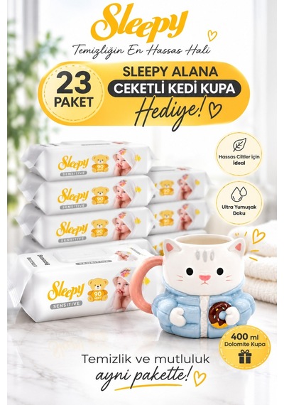 Sleepy Sensitive Islak Mendil 90'lı x 23 Paket + Rosie Ceketli Kedi Kupa Tekli