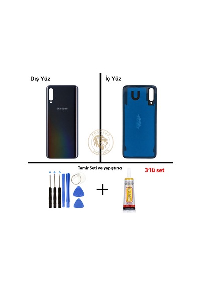 Samsung Galaxy A50 Siyah Renk Arka Kapak + Tamir Seti + B7000 Yapıştırıcı Arka Cam Batarya Kapağı Pil Kapağı Lazer Kesim Back Cover Galaxy A50 Uyumlu