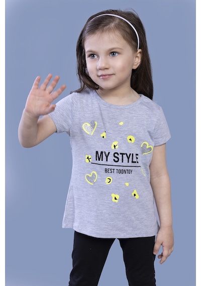 Toontoy Kids Toontoy Kız Çocuk Kalp Baskılı Tişört Gri Melanj