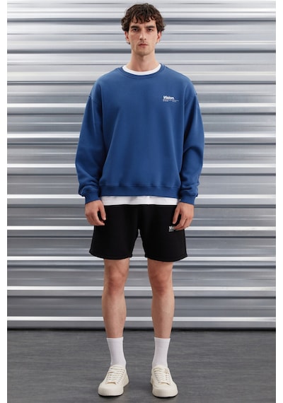 Grimelange Ernest Erkek Yumuşacık Kumaşlı Oversize Fit Yuvarlak Yakalı Baskılı Mavi Sweatshirt