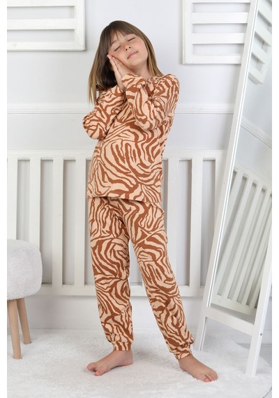 Kaplan Desenli Kız Çocuk Pijama Takımı Kahverengi