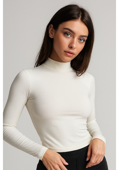 Rich Kadın Ekru Yarım Balıkçı Yaka Uzun Kollu Crop Bluz Ekru