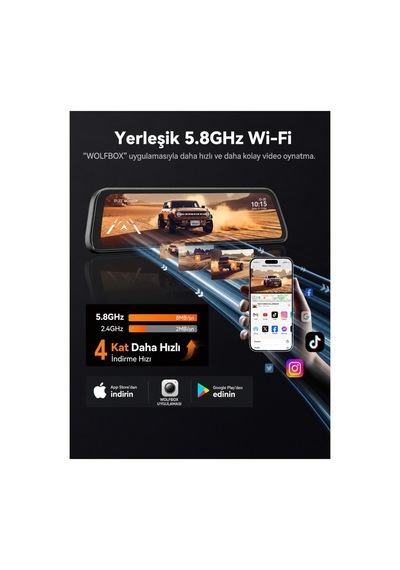 12" G840s 4k Ayna Dashcam, Ön & Arka Kamera, 5,8 Ghz Wifi, Ips Dokunmatik Ekran