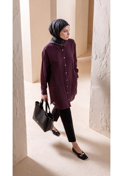 Armine Trend Gold Düğme Detaylı Klasik Yaka Uzun Tunik Rahat Kesim Şık Tesettür Tunik Modeli 89 Cm Boy Bordo 26yt471