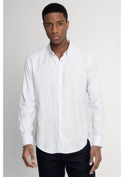 Tudors Slim Fit Uzun Kol Biyeli Yaka Düğmeli Keten Erkek Mavi Gömlek-26922-mavi Mavi