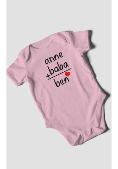 Anne Baba Ve Ben Baskılı Bebek Zıbını Çıtçıtlı Body %100 Pamuk Kısa Kol Koyu Pembe