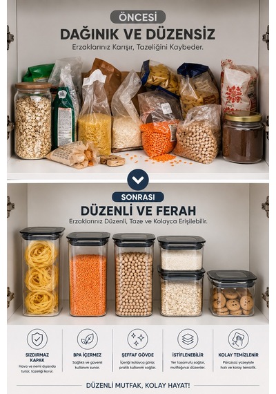 3'lü Kare Erzak Saklama Kabı Seti Kapaklı Şeffaf Gıda Saklama Kabı Mutfak Organizeri Diğer
