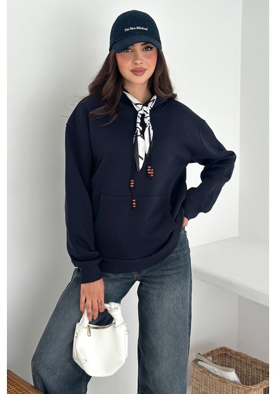 Noa & Noa Kadın Fular Detaylı Kapüşonlu Sweatshirt Casual Charm Lacivert