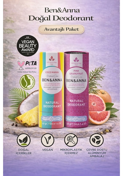 Ben&anna Doğal Deodorant 2 Li Avantajlı Paket Coco Mania & Pink Grapefruit