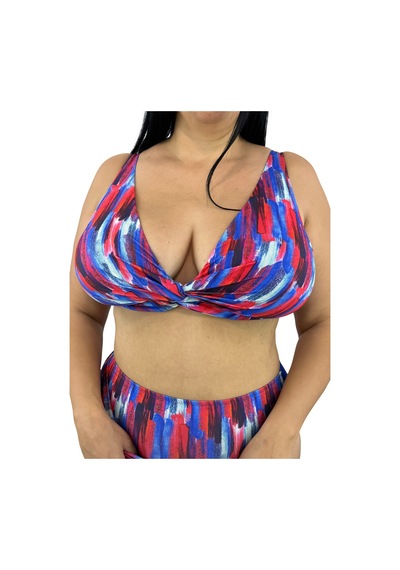 Büyük Beden Üçgen Sabit Pedli Desenli Toparlayıcı Yüksek Bel Kadın Bikini Takım Saks