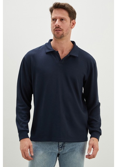 Fullamoda Basic Apaş Yaka Modal Sweatshirt Petrol Mavi