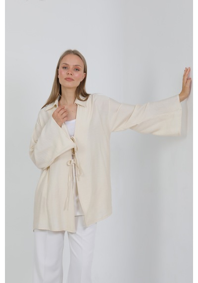 Doğal Viskon Kumaş Cepli Bağcıklı Kadın Kimono 1167 Hafif, Dökümlü, Akışkan, Yazlık Model Krem