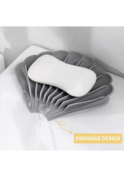 Beyaz İstiridye Silikon Katı Sabunluk Su Giderli Kaymaz Banyo Mutfak Organizer 11 cm