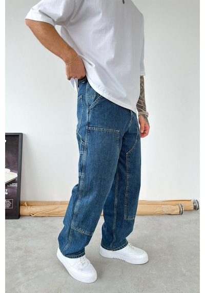 Eskitme Mavi Patch Tasarım Detaylı Ekstra Bol Baggy Pantolon