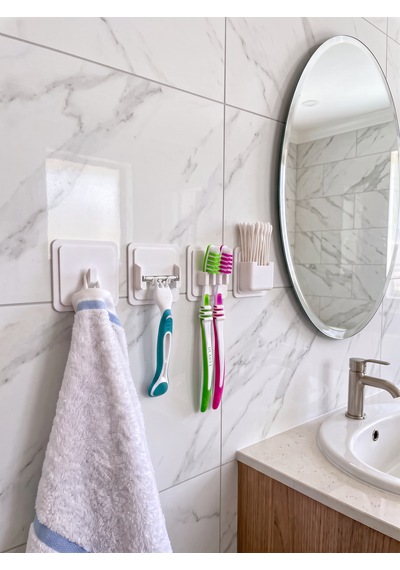 4'lü Banyo Organizer Seti - Havlu Askısı, Traş Askısı, Diş Fırçası Askısı Ve Kulak Çubuğu Askısı Beyaz