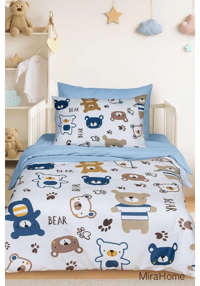Dijital Baskılı 3d Pamuklu Yenidoğan Bebek Nevresim Takımı Bear Toy Blue Çok Renkli