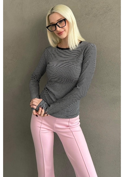 Siyah Çizgili Uzun Kollu Kadın Body Mg2657 Siyah