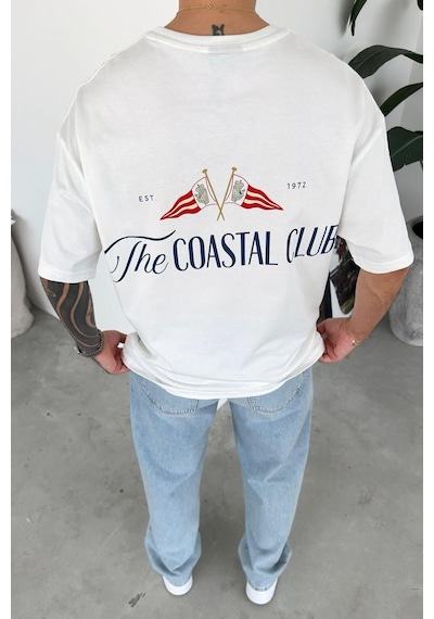 Beyaz Coastal Baskılı Oversize Tişört
