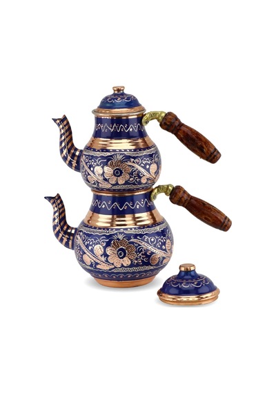 Gül Çiçek Mavi Küçük Bakır Çaydanlık 1,4 Lt
