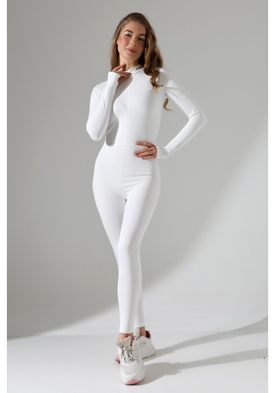 Winmoda34 Kadın Fermuarlı Kışlık Termal Uzun Tulum Parmak Geçirme Detaylı Beyaz