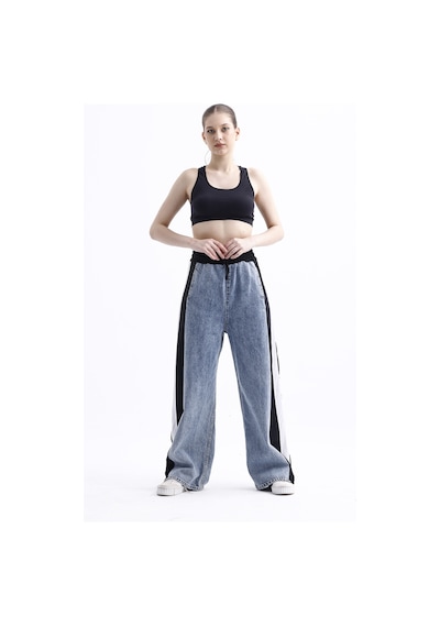 Polopass 025 Kadın Bol Paça Yan Şerit Penye Kot Denim Pantolon Siyah