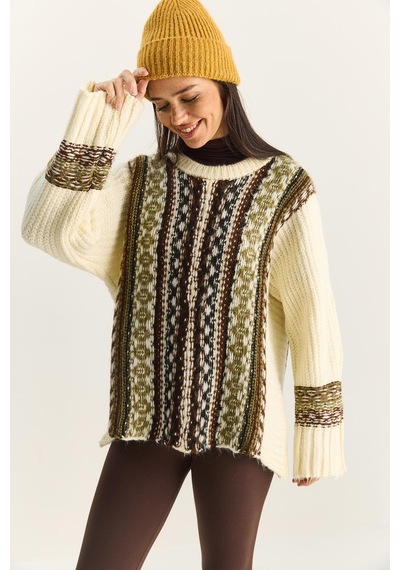 Shade Kadın Etnik Desenli Oversize Bisiklet Yaka Kalın Triko Kazak 2529 60283875 - Krem