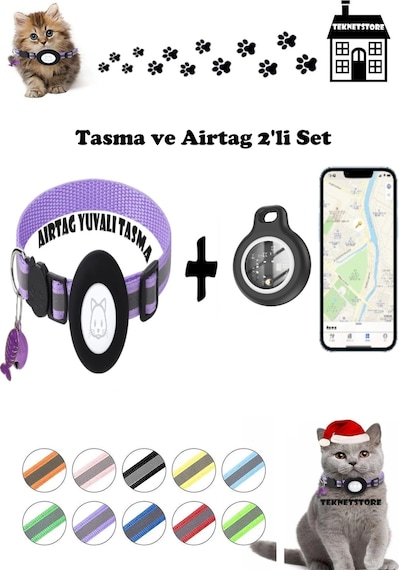 Teknetstore Takip Cihazı Ve Airtag Yuvalı Kedi Tasması Ios Uyumlu Boyun Tasması Gps 2'li