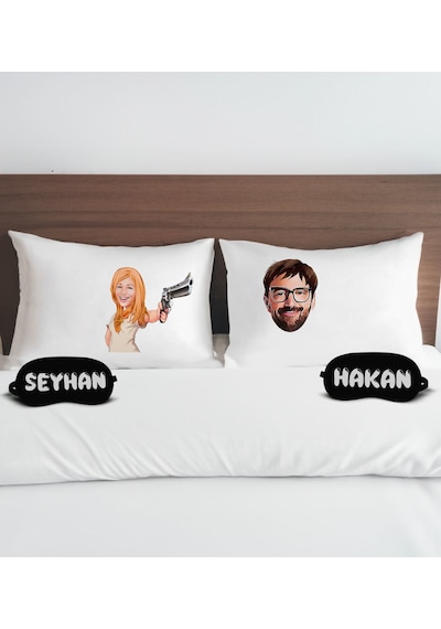 Bk Gift Kişiye Özel Karikatürlü Pamuklu Yastık Kılıfı Ve Göz Bandı Çift Uyku Seti-1, Tasarım Ev Tekstili, Uyku Bandı, Ev Hediyesi