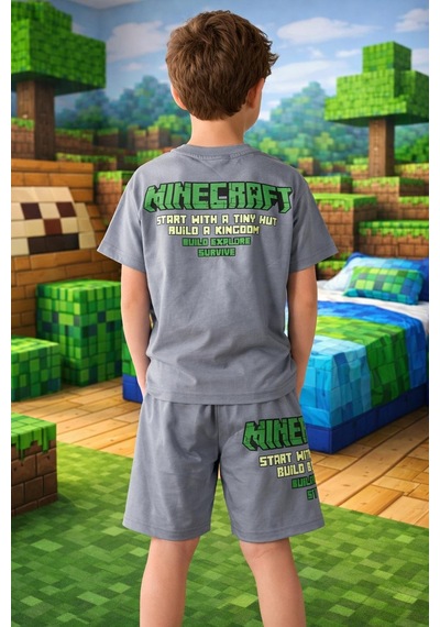 Cg Kids Minecraft Sof Gri Tshirt & Şort Alt Üst Takım Süper Kalite Sırt Baskı Detay