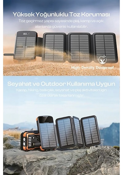 Kensa Güneş Enerjili Powerbank 20.000 Mah Hızlı Şarj Led Göstergeli Dahili Kablo Solar Şarj Cihazı Siyah - Turuncu