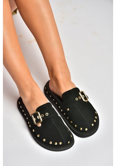 Fox Shoes Y918143802 Siyah Süet Önü Kapalı Zımba Detaylı Sabo Terlik