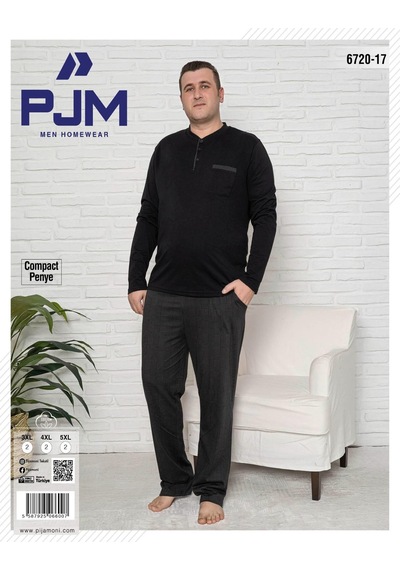 Pijamoni Erkek Battal Düğme Yaka Penye Uzun Kol Pijama Takımı 6720/17 - 1 Adet Siyah
