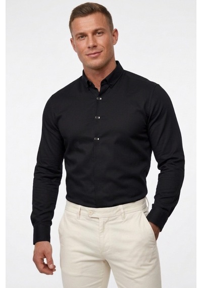 Deepsea Siyah Slim Fit Likralı Kolay Ütülenebilir Gizli Düğmeli Erkek Gömlek 2602614