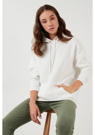 Lela Regular Fit Pamuklu Kapüşonlu Yaka Şardonlu Kışlık Bayan Sweat 5863854 Ekru