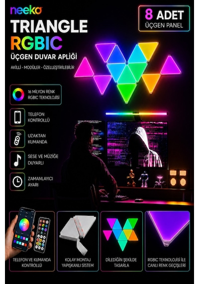 Triangle Rgbıc Üçgen Duvar Apliği Telefon Ve Kumanda Kontrollü Özelleştirilebilir 8 Parça Beyaz