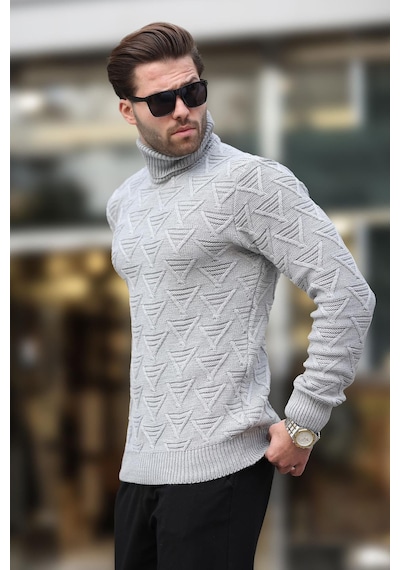 Madmext Gri Balıkçı Yaka Desenli Erkek Kazak E7292 Gri
