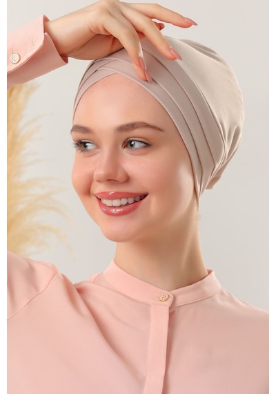 Melodi Scarf Kadın Üç Bantlı Çapraz Hazır Türban Dış Bone Taş Rengi Siyah