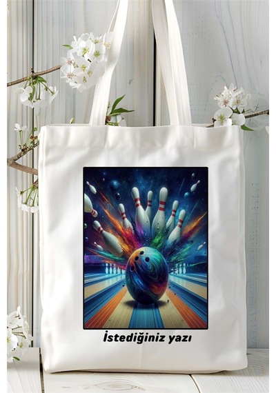 Art Hediye Bowling Baskılı Bez Çanta Omuz Çantası Kişiye Özel Desen 6 Çok Renkli
