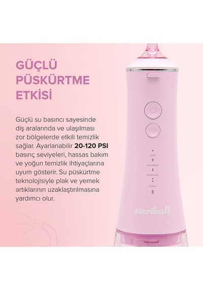 Steriball Oral Irrigator Ağız Duşu Pembe - 4 Temizlik Modu 360 Dönebilen Başlık 0,60 Mm İnce Su Akışı Yüksek Frekanslı Su Darbesi