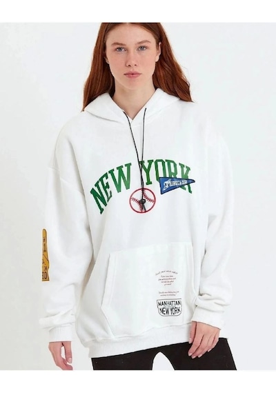 Mbb E-ticaret Kadın Oversize Kapüşonlu Cepli Ön Kol Baskılı 3 İplik Pamuklu Hoodie Sweatshirt - Beyaz